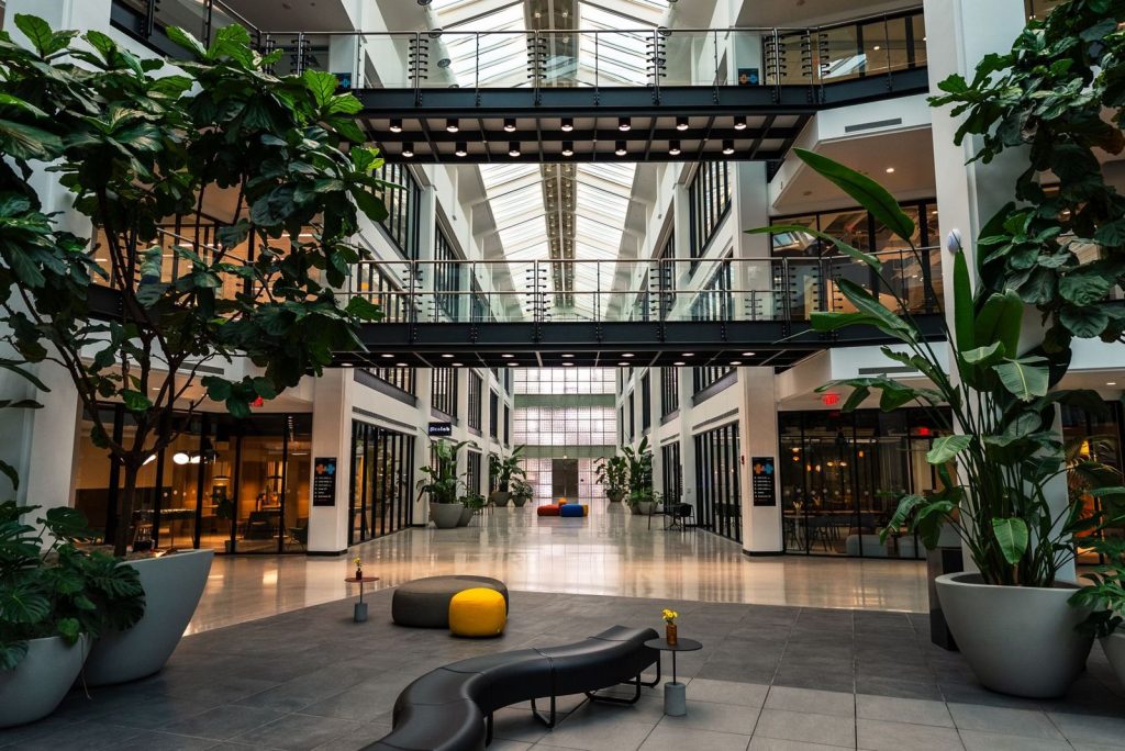 A bright office building atrium